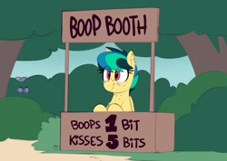 Size: 1525x1085 | Tagged: safe, artist:shinodage, oc, oc only, oc:apogee, pegasus, pony, angry eyes, apogees boop booth, boop, boop booth, bush, duo, fbi, female, filly, freckles, hiding, jailbait, kissing, kissing booth, solo, this will end in jail time, when you see it