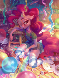 Size: 2067x2716 | Tagged: safe, artist:holivi, pinkie pie, anthro, earth pony, unguligrade anthro, aftermath, balloon, bedroom eyes, birthday, birthday party, blushing, cake, clothes, commission, cup, denim skirt, exhausted, female, floppy ears, food, hat, high res, legs, lidded eyes, looking at you, messy tail, open mouth, party, plate, shirt, skirt, smiling, socks, solo, striped socks, suspenders, sweat, thigh highs, undershirt, wingding eyes