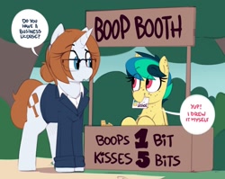 Size: 1334x1061 | Tagged: safe, artist:shinodage, oc, oc only, oc:apogee, oc:diamond gavel, pegasus, pony, unicorn, apogees boop booth, boop, boop booth, cute, diageetes, dialogue, duo, eye clipping through hair, female, filly, forgery, freckles, kissing booth, lawyer, mare, ocbetes, seems legit, speech bubble, this will end in jail time