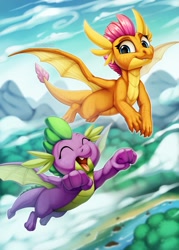 Size: 917x1280 | Tagged: safe, artist:hattiezazu, smolder, spike, dragon, cloud, cute, dragoness, duo, fangs, female, flying, male, open mouth, outdoors, sky, smiling, smolderbetes, spikabetes, wingding eyes, winged spike