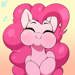 Size: 2000x2000 | Tagged: safe, artist:aer0 zer0, pinkie pie, earth pony, pony, :i, anatomically incorrect, aweeg*, blushing, bust, c:, chipmunk cheeks, cute, diapinkes, ear fluff, eating, eyes closed, female, gradient background, hnnng, human shoulders, mare, ponk, puffy cheeks, simple background, smiling, solo, yellow background