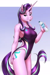 Size: 3800x5700 | Tagged: safe, artist:mykegreywolf, starlight glimmer, anthro, unicorn, absurd resolution, breasts, clothes, female, high-cut clothing, horn, lidded eyes, long horn, looking at you, mare, one-piece swimsuit, open mouth, open-back swimsuit, sexy, signature, solo, sports swimsuit, starlight jiggler, stupid sexy starlight glimmer, swimsuit, water bottle