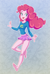 Size: 1254x1836 | Tagged: safe, artist:cabrony, artist:rosalhymn, pinkie pie, equestria girls, barefoot, clothes, cute, diapinkes, feet, female, happy, legs, miniskirt, moe, raised leg, skirt, smiling, solo, sweater, thighs