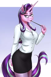 Size: 4000x6000 | Tagged: safe, alternate version, artist:mykegreywolf, starlight glimmer, anthro, unicorn, absurd resolution, breasts, clothes, female, glasses, horn, lidded eyes, long horn, looking at you, mare, miniskirt, open mouth, pantyhose, reading glasses, sexy, shirt, signature, skirt, solo, starlight jiggler, stupid sexy starlight glimmer, teacher, tube skirt, white shirt