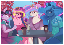 Size: 3612x2544 | Tagged: safe, artist:xjenn9, princess cadance, princess celestia, princess luna, twilight sparkle, twilight sparkle (alicorn), alicorn, anthro, alicorn tetrarchy, blushing, breasts, bronybait, cleavage, clothes, coffee, female, looking at you, mare