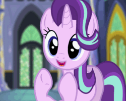 Size: 500x400 | Tagged: safe, alternate version, artist:rabidpepper, derpibooru exclusive, starlight glimmer, pony, unicorn, :d, animated, bipedal, clapping, clapping ponies, cute, female, gif, glim glam, glimmerbetes, happy, hooves together, i can't believe it's not hasbro studios, looking at you, mare, open mouth, reaction gif, reaction image, show accurate, smiling, solo, twilight's castle, underhoof, uvula