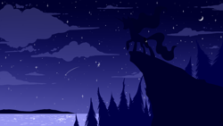 Size: 1920x1080 | Tagged: safe, artist:hilloty, part of a set, princess luna, alicorn, pony, cloud, crescent moon, meteor, moon, night, scenery, shooting star, silhouette, sky, solo, stars, tree, wallpaper, water