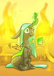 Size: 2480x3508 | Tagged: safe, artist:underpable, queen chrysalis, changeling, changeling queen, atg 2019, bloodshot eyes, cheese, cup, female, fire, food, magic, meme, mug, newbie artist training grounds, sitting, smelly, smiling, solo, telekinesis, this is fine, three quarter view