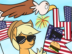 Size: 1280x956 | Tagged: artist needed, safe, applejack, bald eagle, earth pony, pony, 4th of july, burger, fireworks, gun, hamburger, sunglasses