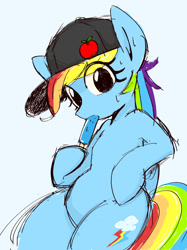 Size: 1024x1366 | Tagged: safe, artist:manachaaaaaaaa, rainbow dash, pegasus, pony, semi-anthro, cap, chubby, cute, dashabetes, female, food, hat, human shoulders, ice cream, implied appledash, implied applejack, implied lesbian, implied shipping, mare, simple background, solo, sweat, white background