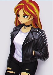 Size: 1158x1638 | Tagged: safe, artist:agaberu, sunset shimmer, equestria girls, choker, chromatic aberration, clothes, collar, ear piercing, eyeshadow, female, hands in pockets, jacket, leather jacket, makeup, piercing, shirt, simple background, solo, spiked choker, spiked collar, studs, torn clothes, torn jeans, white background