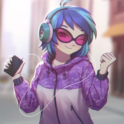 Size: 1158x1158 | Tagged: safe, artist:agaberu, dj pon-3, vinyl scratch, equestria girls, chromatic aberration, clothes, cute, female, headphones, hoodie, looking at you, music player, one eye closed, phone, smiling, solo, sunglasses, vinylbetes, wink