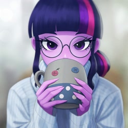 Size: 1158x1158 | Tagged: safe, artist:agaberu, sci-twi, smarty pants, twilight sparkle, equestria girls, bust, clothes, drinking, glasses, long nails, looking at you, mug, ponytail, sweater