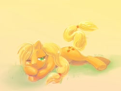 Size: 1246x942 | Tagged: safe, artist:cupcaek, artist:outofkitchen, applejack, earth pony, pony, prone, sleepy, solo