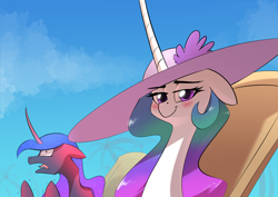 Size: 3508x2480 | Tagged: safe, artist:underpable, princess celestia, princess luna, alicorn, pony, atg 2019, curved horn, female, hat, horn, mare, necc, newbie artist training grounds, pain, princess necklestia, reeee, reeeeeeeeeeeeeeeeeeee, royal sisters, smiling, sun hat, sunburn