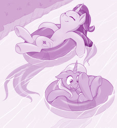 Size: 1280x1404 | Tagged: safe, artist:dstears, starlight glimmer, trixie, pony, unicorn, atg 2019, cute, female, glimmerbetes, inner tube, lazy river, mare, monochrome, newbie artist training grounds, on back, smiling, uh oh, underhoof, water