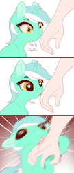Size: 1040x2400 | Tagged: safe, artist:evehly, lyra heartstrings, human, pony, unicorn, 3 panel comic, bad pony, behaving like a cat, biting, blood, comic, cute, dilated pupils, female, hand, licking, lyrabetes, mare, motion blur, offscreen character, ponies eating humans, ponies eating meat, sniffing, that escalated quickly, that pony sure does love hands, tongue out