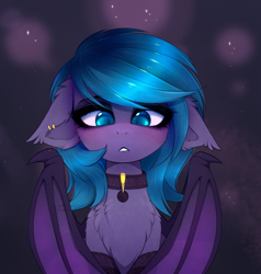 Size: 2418x2537 | Tagged: safe, artist:magnaluna, oc, oc only, oc:belfry towers, bat pony, pony, bat pony oc, blushing, chest fluff, collar, ear tufts, female, floppy ears, lip bite, mare, slit eyes, solo