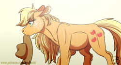 Size: 1600x863 | Tagged: safe, artist:inuhoshi-to-darkpen, applejack, earth pony, pony, applejack's hat, belly, belly fluff, butt fluff, cheek fluff, chest fluff, coat markings, cowboy hat, ear fluff, female, gradient background, hat, leg fluff, lidded eyes, loose hair, mare, mouth hold, profile, simple background, solo, sweat, white background