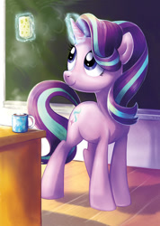 Size: 800x1124 | Tagged: safe, artist:yulyeen, starlight glimmer, pony, unicorn, chalkboard, classroom, coffee, desk, female, glowing horn, horn, magic, mare, professor, smiling, solo, telekinesis