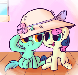 Size: 514x497 | Tagged: safe, artist:php27, artist:rustydooks, bon bon, lyra heartstrings, sweetie drops, earth pony, pony, unicorn, filly, hat, younger