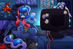 Size: 3000x2000 | Tagged: safe, artist:shyshyoctavia, princess celestia, princess luna, alicorn, pony, angry, banjo kazooie, bedroom, clothes, controller, drink, drinking straw, gamer luna, headset, hoodie, jiggy, kazooie, nintendo 64, poster, sticker, television