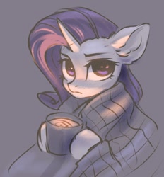 Size: 688x742 | Tagged: safe, artist:inowiseei, rarity, pony, unicorn, blanket, chocolate, drink, female, food, gray background, hot chocolate, looking at you, mare, mug, serious, serious face, simple background, solo