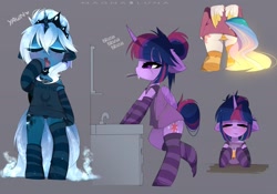 Size: 1920x1345 | Tagged: safe, artist:magnaluna, princess celestia, princess luna, twilight sparkle, twilight sparkle (alicorn), alicorn, pony, blushing, chest fluff, clothes, cute, ear fluff, female, floppy ears, hnnng, lunabetes, mare, morning ponies, panties, pink underwear, royal sisters, shirt, shoulder fluff, socks, stockings, striped socks, striped underwear, t-shirt, tanktop, thigh highs, underwear, yawn