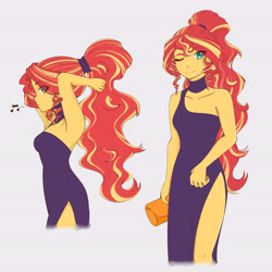 Size: 6070x6070 | Tagged: safe, artist:dragonemperror2810, sunset shimmer, equestria girls, absurd resolution, alternate hairstyle, arm behind head, armpits, beautiful, clothes, cute, dress, evening gown, eye clipping through hair, eyebrows visible through hair, female, hair over one eye, handbag, legs, looking at you, music notes, one eye closed, shimmerbetes, side slit, smiling, solo, wink