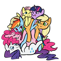 Size: 500x500 | Tagged: safe, artist:mt, applejack, fluttershy, pinkie pie, rainbow dash, rarity, twilight sparkle, earth pony, pegasus, pony, unicorn, eyes closed, female, freckles, group hug, hug, lidded eyes, mane six, mare, one eye closed, pony pile, simple background, smiling, white background