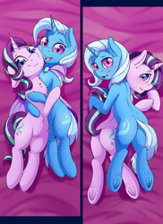 Size: 726x1000 | Tagged: safe, artist:fearingfun, starlight glimmer, trixie, pony, semi-anthro, body pillow, cute, diatrixes, female, glimmerbetes, human shoulders, lesbian, mare, shipping, smiling, startrix