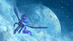 Size: 1920x1080 | Tagged: safe, artist:plainoasis, princess luna, alicorn, pony, female, flying, lineless, looking back, mare, moon, painting, smiling, solo, spread wings, wallpaper, wings