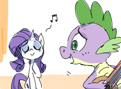 Size: 1900x1400 | Tagged: safe, artist:nendo, rarity, spike, dragon, pony, unicorn, eyes closed, female, guitar, male, musical instrument, open mouth, shipping, singing, sparity, straight
