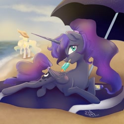 Size: 1280x1280 | Tagged: safe, artist:candasaurus, princess celestia, princess luna, alicorn, pony, alternate hairstyle, beach, beach hat, beach towel, beach umbrella, cloud, cute, female, food, hat, lunabetes, mare, ocean, ponytail, popsicle, profile, prone, sand, sky, solo focus, sun lotion, sunscreen, tail wrap