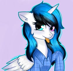Size: 1869x1805 | Tagged: safe, artist:spurfmeow, oc, oc only, alicorn, pony, :p, alicorn oc, bust, female, heterochromia, mare, plaid shirt, raised hoof, simple background, solo, tongue out