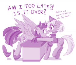 Size: 1280x1098 | Tagged: safe, artist:dstears, twilight sparkle, twilight sparkle (alicorn), alicorn, earth pony, pony, clothes, counter, dialogue, female, mare, monochrome, slippers, spread wings, stressed, talking, the hayburger, twilighting, uniform, wings
