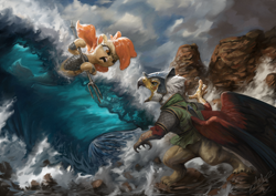 Size: 1440x1020 | Tagged: safe, artist:assasinmonkey, oc, oc only, griffon, seapony (g4), armor, clothes, cloud, dramatic pose, fight, first contact war, helmet, hoof hold, ocean, open mouth, trident, war, war face, water, wave, weapon
