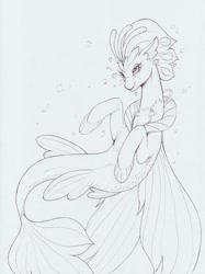 Size: 1238x1654 | Tagged: safe, artist:longinius, queen novo, seapony (g4), my little pony: the movie, blushing, bubble, crown, female, fin wings, fins, fish tail, heart, jewelry, monochrome, necklace, pretty, queen, regalia, seashell necklace, simple background, smiling, solo, tail, traditional art, underwater, white background, wings