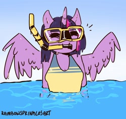 Size: 2000x1885 | Tagged: safe, artist:rainbowsprinklesart, twilight sparkle, twilight sparkle (alicorn), alicorn, anthro, bust, clothes, cute, diving goggles, eyes closed, female, mare, one-piece swimsuit, signature, snorkel, solo, swimming, swimsuit, wet, wet mane