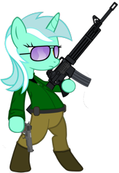 Size: 665x968 | Tagged: safe, artist:grimdark-lindy, lyra heartstrings, c7 lsw, counter-strike, dual wield, elite crew, fenian, gun, irish republican army, m16, m1911, pistol, rifle, sunglasses, terrorist, weapon