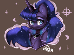 Size: 1600x1200 | Tagged: safe, artist:colorfulcolor233, princess luna, alicorn, pony, brown background, bust, chest fluff, crescent moon, cute, ear fluff, female, lunabetes, mare, moon, simple background, solo, starry eyes, wingding eyes