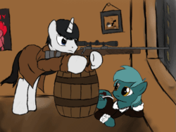 Size: 923x692 | Tagged: safe, artist:grimdark-lindy, oc, oc only, oc:chill breeze, oc:ghost, fallout equestria, animated, gif, sniper