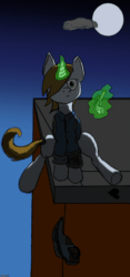 Size: 768x1641 | Tagged: safe, artist:grimdark-lindy, oc, oc only, oc:littlepip, pony, unicorn, fallout equestria, animated, clothes, fallout, fanfic, fanfic art, female, gif, glowing horn, gun, handgun, horn, implied death, little macintosh, magic, mare, night, pipbuck, pistol, revolver, solo, suicide, telekinesis, vault suit, weapon