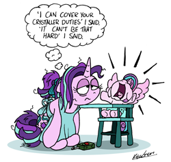 Size: 2155x2044 | Tagged: safe, artist:bobthedalek, princess flurry heart, starlight glimmer, alicorn, pony, unicorn, apron, atg 2019, auntie starlight, bags under eyes, clothes, crying, didn't think this through, duo, female, filly, highchair, instant regret, juice, juice box, messy mane, newbie artist training grounds, reality ensues, regret, screaming, thought bubble, tired