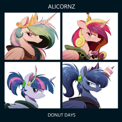 Size: 1500x1500 | Tagged: safe, artist:ncmares, princess cadance, princess celestia, princess flurry heart, princess luna, twilight sparkle, twilight sparkle (alicorn), alicorn, pony, album cover, alicorn pentarchy, big crown thingy, candy, clothes, crown, demon days, diadem, donut, element of magic, female, floppy ears, food, gorillaz, grumpy, hair scrunchie, head wrap, horn, horn impalement, jewelry, lollipop, looking back, mare, parody, ponytail, regalia, shirt, sunglasses, the uses of unicorn horns, unamused