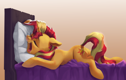 Size: 4000x2550 | Tagged: safe, artist:vanillaghosties, sunset shimmer, pony, unicorn, atg 2019, bed, cute, cutie mark, drool, eyes closed, female, majestic as fuck, mare, newbie artist training grounds, open mouth, shimmerbetes, sleeping, snoring, sweet dreams fuel