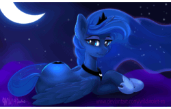Size: 1280x820 | Tagged: safe, artist:wildviolet-m, princess luna, alicorn, pony, animated, blinking, cloud, crescent moon, crossed hooves, cute, dock, ear fluff, ethereal mane, female, gif, jewelry, lidded eyes, looking at you, lying down, mare, moon, night, prone, regalia, smiling, smiling at you, starry mane, stars
