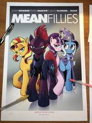 Size: 1536x2048 | Tagged: safe, artist:andypriceart, starlight glimmer, sunset shimmer, tempest shadow, trixie, pony, unicorn, armor, broken horn, eye scar, female, horn, looking at you, mare, mean girls, movie poster, parody, photo, poster, quartet, s5 starlight, scar, sketch, smiling, smirk, unicorn master race