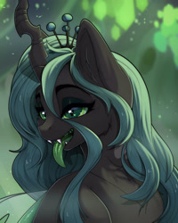 Size: 2400x3000 | Tagged: safe, artist:kuroran, queen chrysalis, anthro, changeling, changeling queen, bust, female, lidded eyes, rcf community, solo, tongue out