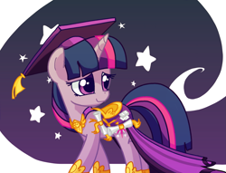 Size: 1927x1474 | Tagged: safe, artist:andromedasparkz, twilight sparkle, unicorn twilight, pony, unicorn, atg 2019, cute, female, graduation cap, hat, looking back, mare, newbie artist training grounds, outfit, saddle, shy, solo, stars, tack, younger